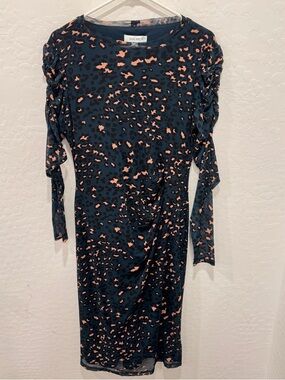NWT Nine West Dress Women’s Small Blue Leopard-Print Long Sleeve Ruched Sleeves